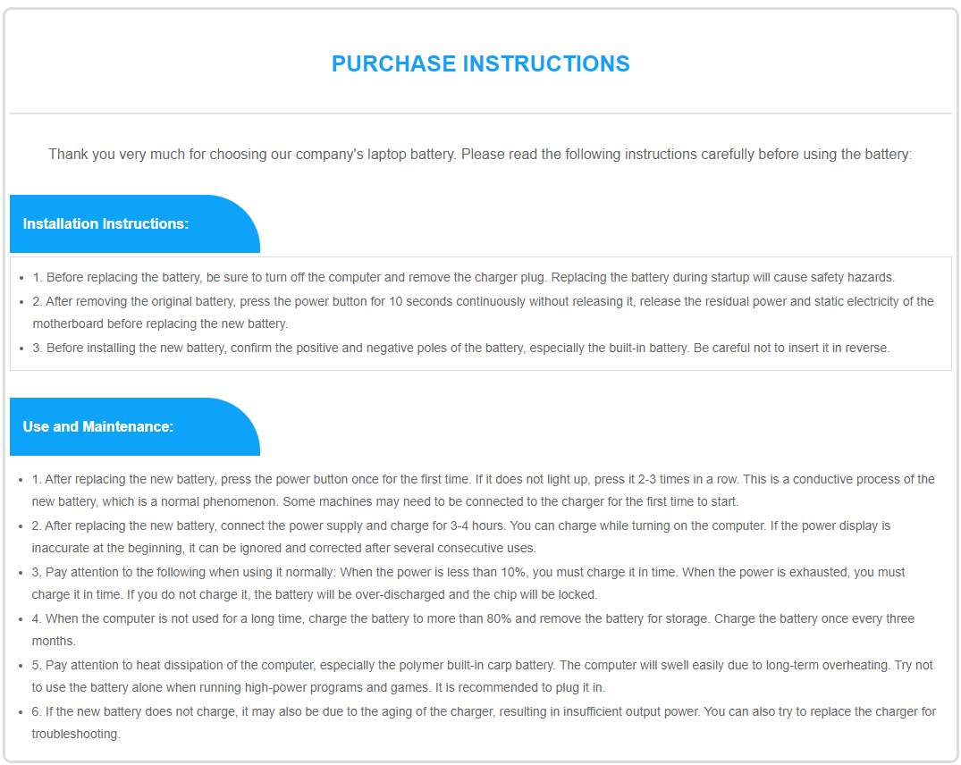 laptop battery purchase instructions